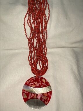 Red Multi-Strand Beaded Necklace with Shell Pendant